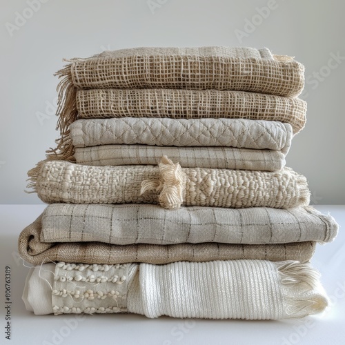 A stack of beige and white handwoven fabric remnants