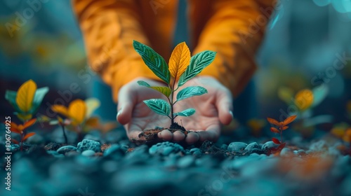 carefully cradling young sapling in their hands, person wearing yellow jacket prepares to plant it in rocky soil, while other saplings stand nearby, achieve accomplish attain realize obtain