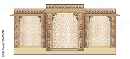 Mughal Wedding Arch structure. Can be used in the wedding stage backdrop, invitation card design. Vector illustration