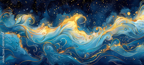  Magical fairytale ocean waves art painting. Unique blue and gold wavy swirls of magic water. Fairytale navy and yellow sea waves. Children’s book waves, kids nursery cartoon illustration