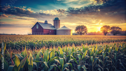 A lush cornfield, bathed in the warm glow of the setting sun, stretches out on a home farm. The image beautifully captures the tranquility of rural life and the abundance of nature.
