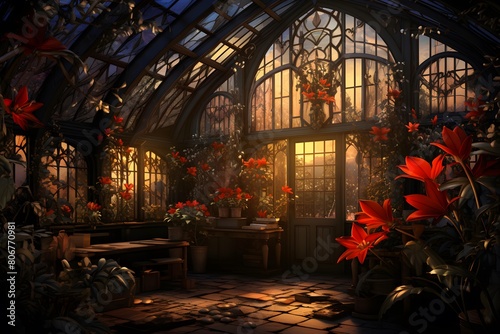3D render of a greenhouse with plants and flowers in the evening