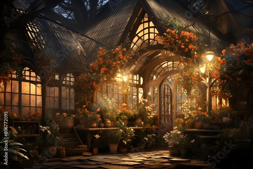 Digital painting of a greenhouse with flowers in the garden by night.