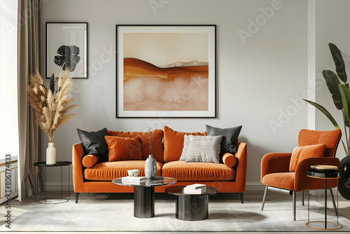 A modern living room interior with an orange sofa, armchair and coffee table against the wall framed photo mockup in a stylish home decor setting