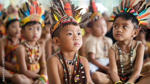 A group of young boys from the Bunun tribe in Taiwan wearing traditional headdresses made of feathers and beads.