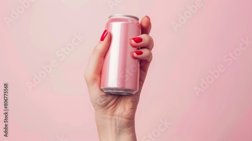 Woman holding a pink soda can against a soft pink background