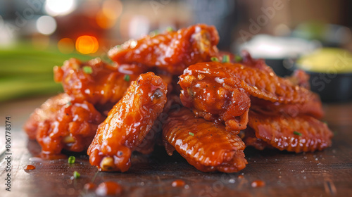 Close-up of juicy buffalo wings coated in a spicy sauce, sprinkled with fresh green onions.
