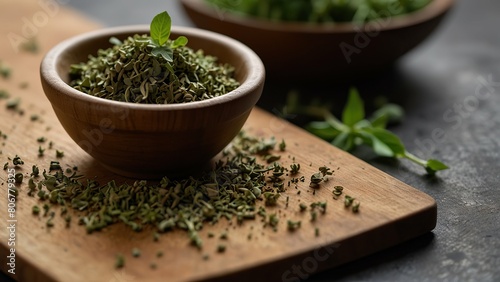 Earthy bowl of dried oregano on rustic wooden background