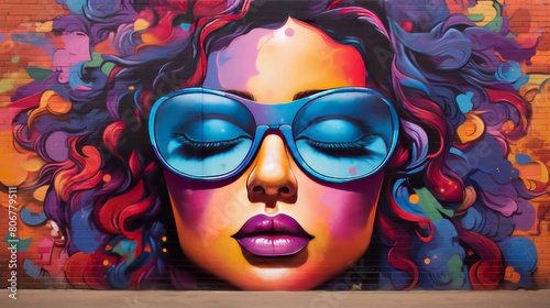 A painting of a glamorous womans face wearing stylish sunglasses