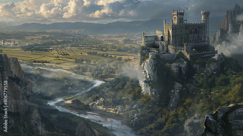 Medieval Castle A majestic medieval castle perched atop a rocky cliff overlooking a picturesque countryside dotted with rolling hills and meandering rivers evoking a sense of history and romance.