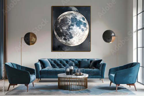 an elegant living room with modern furniture and decor, showcasing the moon on a wall art poster hanging above a teal sofa and two blue chairs around it