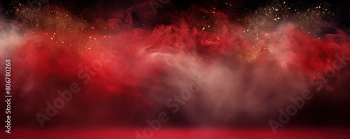 Red smoke empty scene background with spotlights mist fog with gold glitter sparkle stage studio interior texture for display products blank copyspace