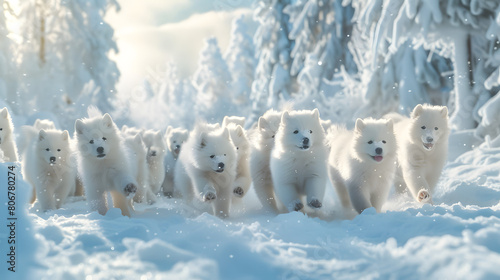 winter wonderland photo of 24 samoyed puppies