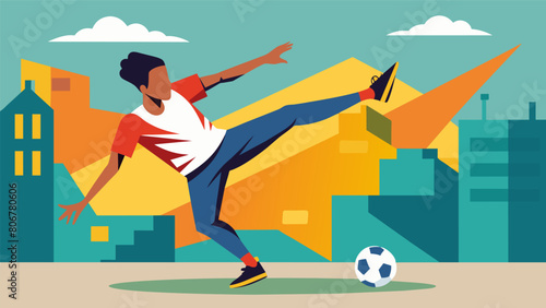 Against the backdrop of graffiticovered buildings a freestyle soccer player combines breakdancing moves with his soccer skills mesmerizing spectators. Vector illustration