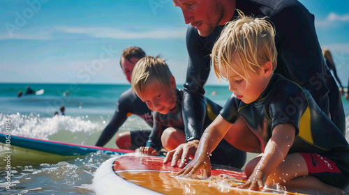 Profesor de Surf con sus alumnos de 8 años practicando en el mar
