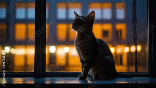 Silhouette of a stretching cat in a window at dusk