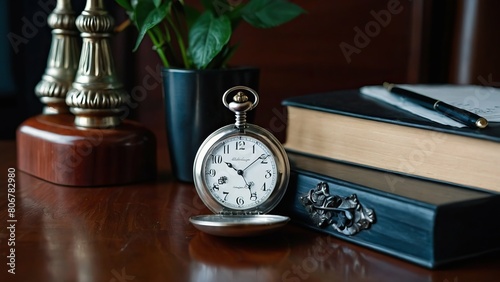 Elegant silver pocket watch on a polished mahogany surface