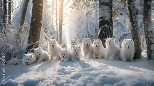 winter wonderland photo of 24 samoyed puppies,