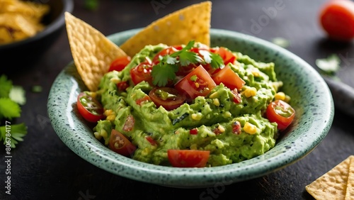 Fresh guacamole with toppings in a ceramic bowl beside tortilla chips