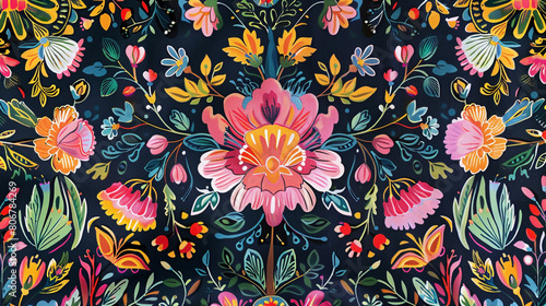 A bohemian floral print inspired by folk art motifs with vibrant colors and intricate patterns that evoke the spirit of traditional textiles and embroidery adding a global-inspired flair