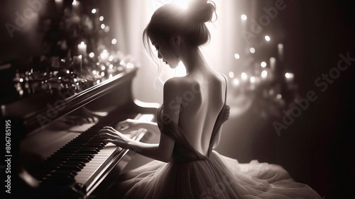 Charming girl in a dress with a bare back plays the piano