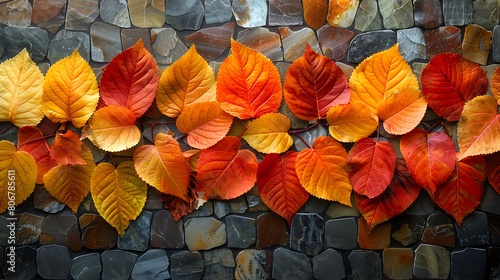 A vibrant display of autumn leaves arranged in a mosaic pattern, where each leaf is rendered in brilliant shades of topaz and amber, capturing the essence of fall's color palette.