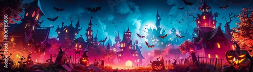Fantastical Halloween Village with Haunted Houses and Bats