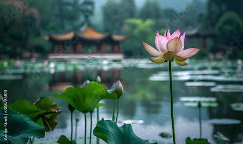 A blooming lotus in the lotus pond, with a blurred octagonal pavilion in the distance, Generative AI 
