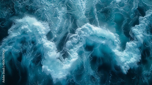 Abstract aerial view of an Arctic expanse, with ice textures forming geometric patterns in a palette of blues and greens, simulating the view from high above a frozen sea.