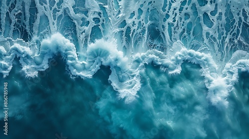 Abstract aerial view of an Arctic expanse, with ice textures forming geometric patterns in a palette of blues and greens, simulating the view from high above a frozen sea.