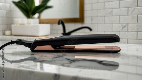 hair straightener on a marble bathroom countertop