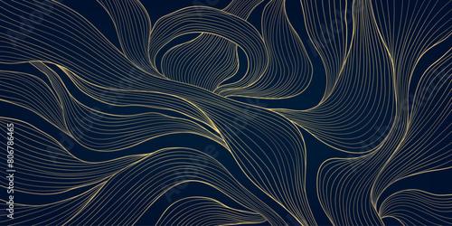 Vector linear golden leaves art deco pattern. Gold line elegant wavy texture, japanese style botanical illustration. Floral plant luxury texture, elegant wallpaper. Vintage decor print