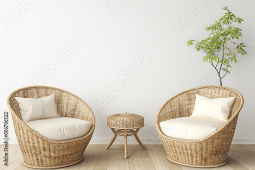Comfortable wicker armchair with pillows in living room interior 