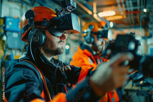 Industrial engineer in orange safety vest uses VR headset to simulate operations in a high-tech manufacturing environment, enhancing operational efficiency.