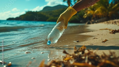 Volunteers wearing gloves collect old plastic bottles on the beach