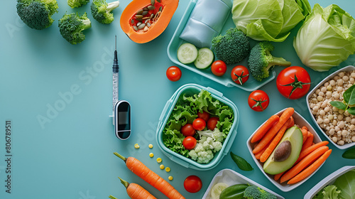 Digital glucometer lancet pen and lunch box vegetables on table. Diabetes diet, copy space, Generative Ai