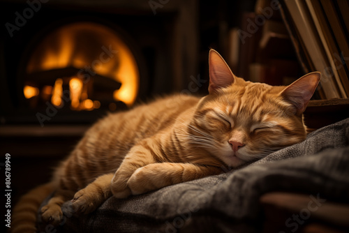 A ginger cat sleeps on the couch