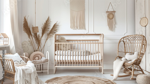 Baby room with comfortable bed and rattan chair