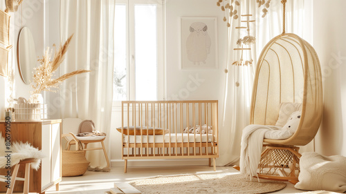 Baby room with comfortable bed and rattan chair