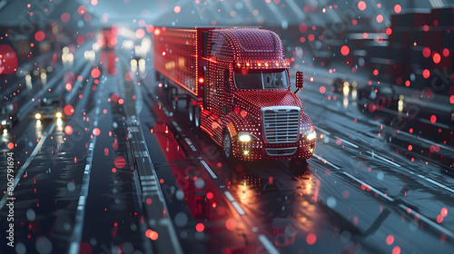 A red semi truck illuminated with digital lights on a futuristic highway, depicting advanced transportation and logistics technology in a modern cityscape