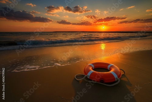 Orange lifebuoy on the beach at sunset.