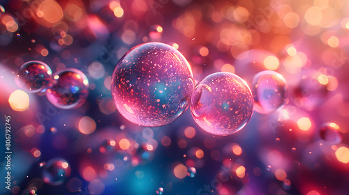 Abstract image of glowing bubbles on a vibrant and colorful background, creating a dreamy and festive atmosphere with a bokeh effect