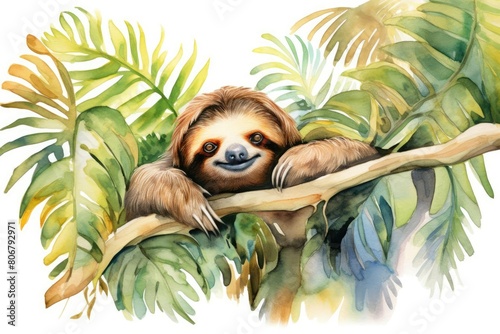 A lazy sloth hanging from a tree amidst dense tropical foliage, watercolor on white background, cartoon