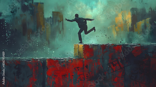 An abstract painting depicting a man balancing on a graffiti-covered wall, conveying themes of uncertainty and urban exploration