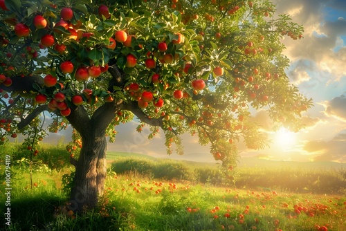 Dorodna jabłoń owocująca na tle zachodzącego słońca