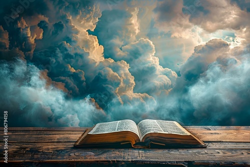 Pismo Święte otwarte leży na drewnianym stole na tle kłębiastych chmur