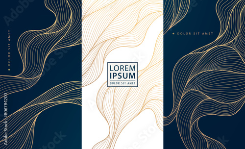 Vector set of wave gold patterns. luxury abstract line art, elegant curve textures. Premium labels, cards, minimal package, glitter silk shapes 