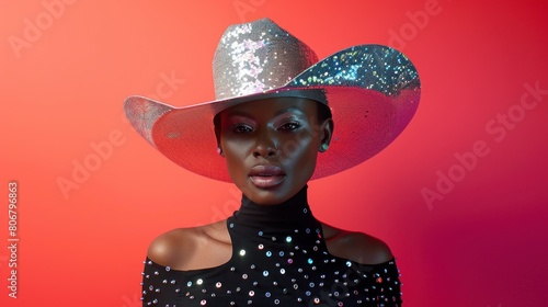 A woman in a cowboy hat and black dress stands against a red background