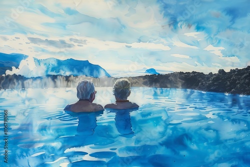 serene elderly swimmers in ethereal blue lagoon embracing vitality and tranquility amidst icelands geothermal wonders watercolor illustration