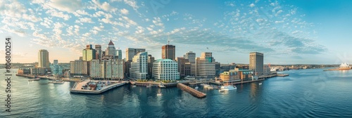 Panoramic Buildings of Downtown Halifax, Nova Scotia, Canada: Aerial View of Modern Architecture at Waterfront